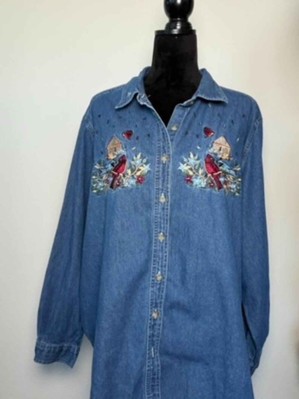 Just My Size Denim 22W/24W Cardinal Bird Birdhouse Embroidered Shirt